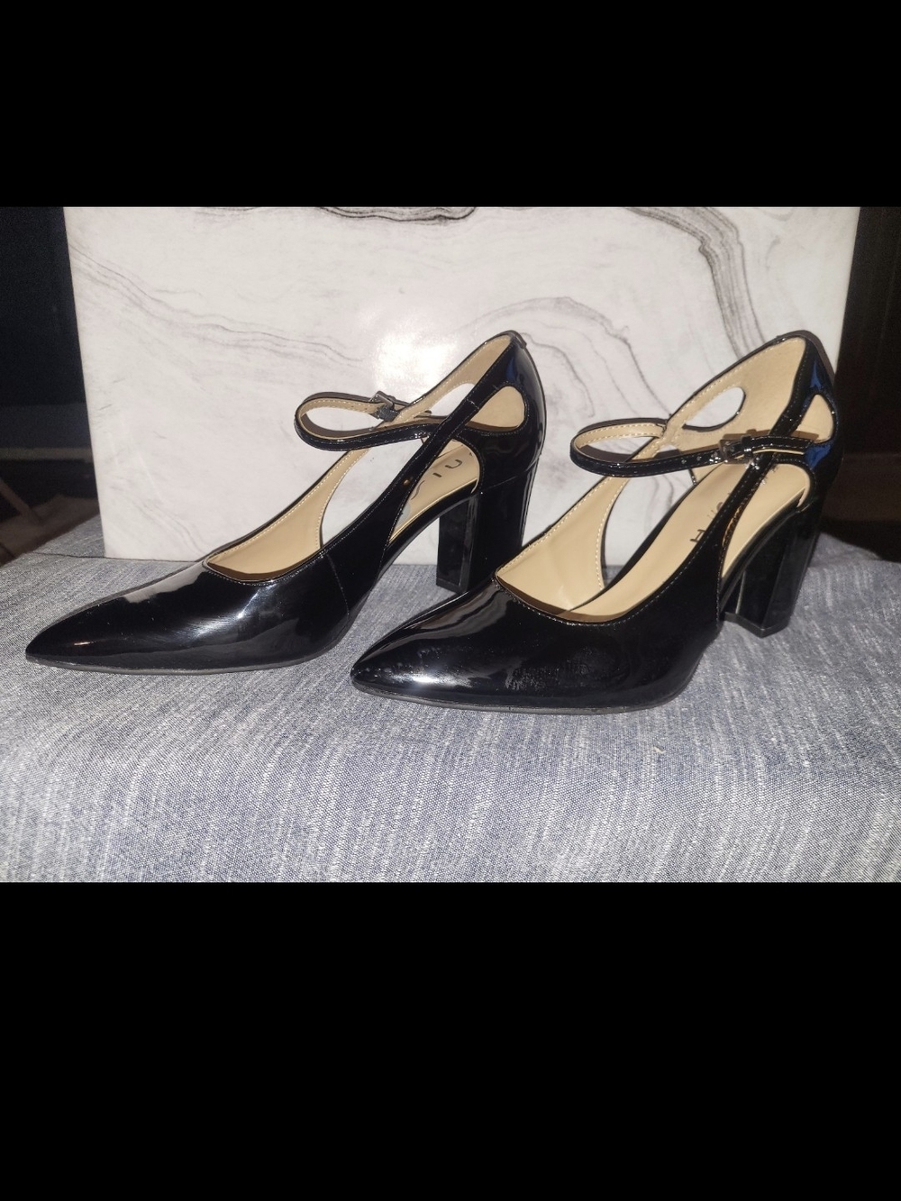 Unisa Black Patent Mary Jane Pointed Block Heel Pumps